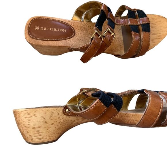 Naturalizer Brown Black Athina Sandals Wooden Slip On Heeled Shoes Size 9W - Picture 9 of 10